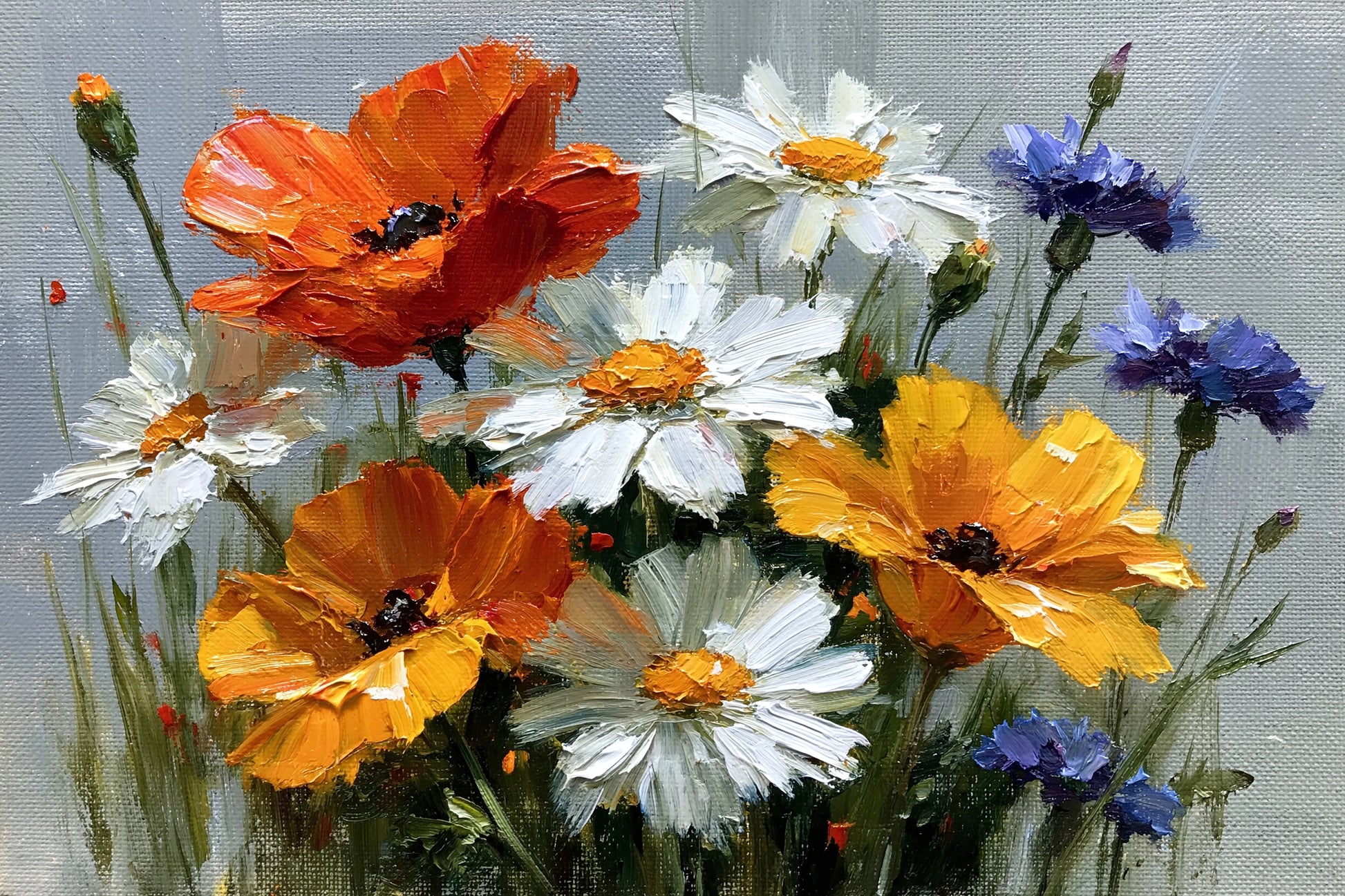 Tableau champêtre sur fond gris bleuté – format L