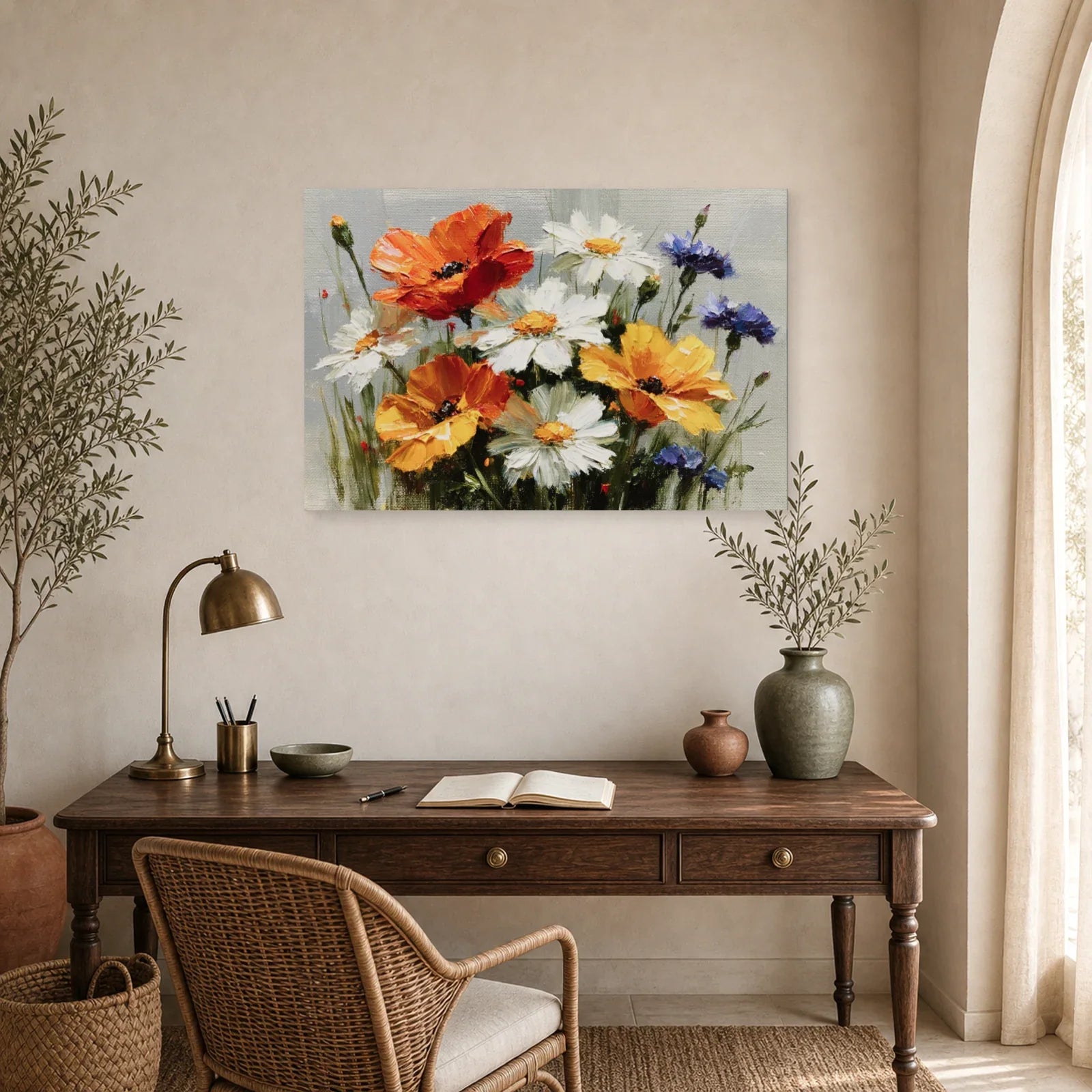 Tableau Fleurs Champetrès Peinture Huile - Bouquet des Champs dans un bureau - Art Virtuoso