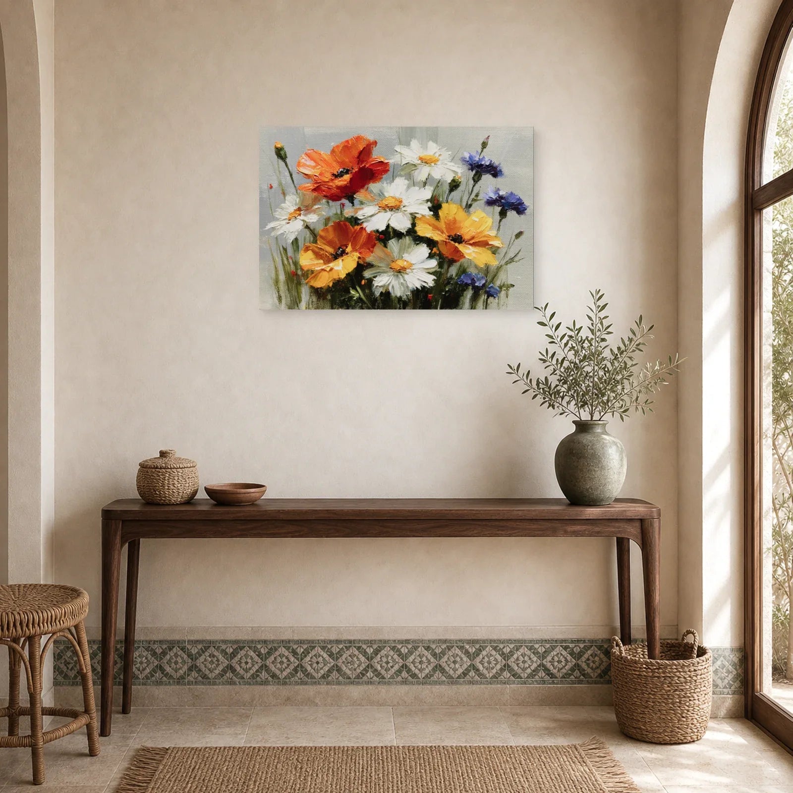 Tableau Fleurs Champetrès Peinture Huile - Bouquet des Champs dans une entree ou un couloir - Art Virtuoso