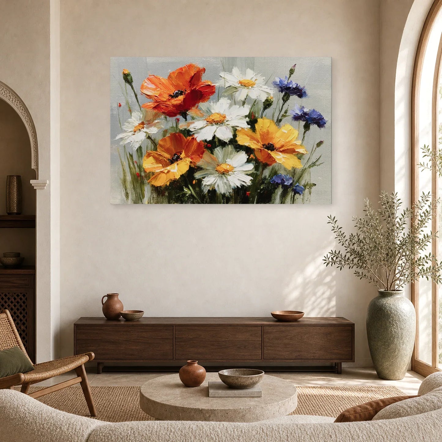 Tableau Fleurs Champetrès Peinture Huile - Bouquet des Champs dans un salon - Art Virtuoso
