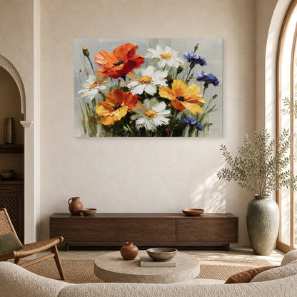 Tableau Fleurs Champetrès Peinture Huile - Bouquet des Champs dans un salon - Art Virtuoso
