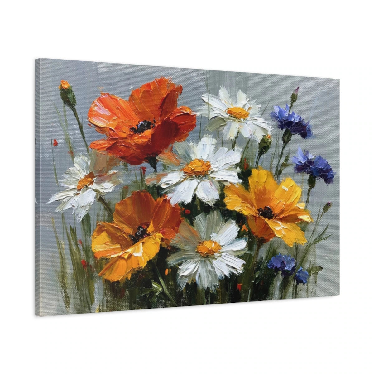 Tableau fleurs champetrès peinture huile orange blanc et bleu - toile 3D avec bords imprimés visibles
