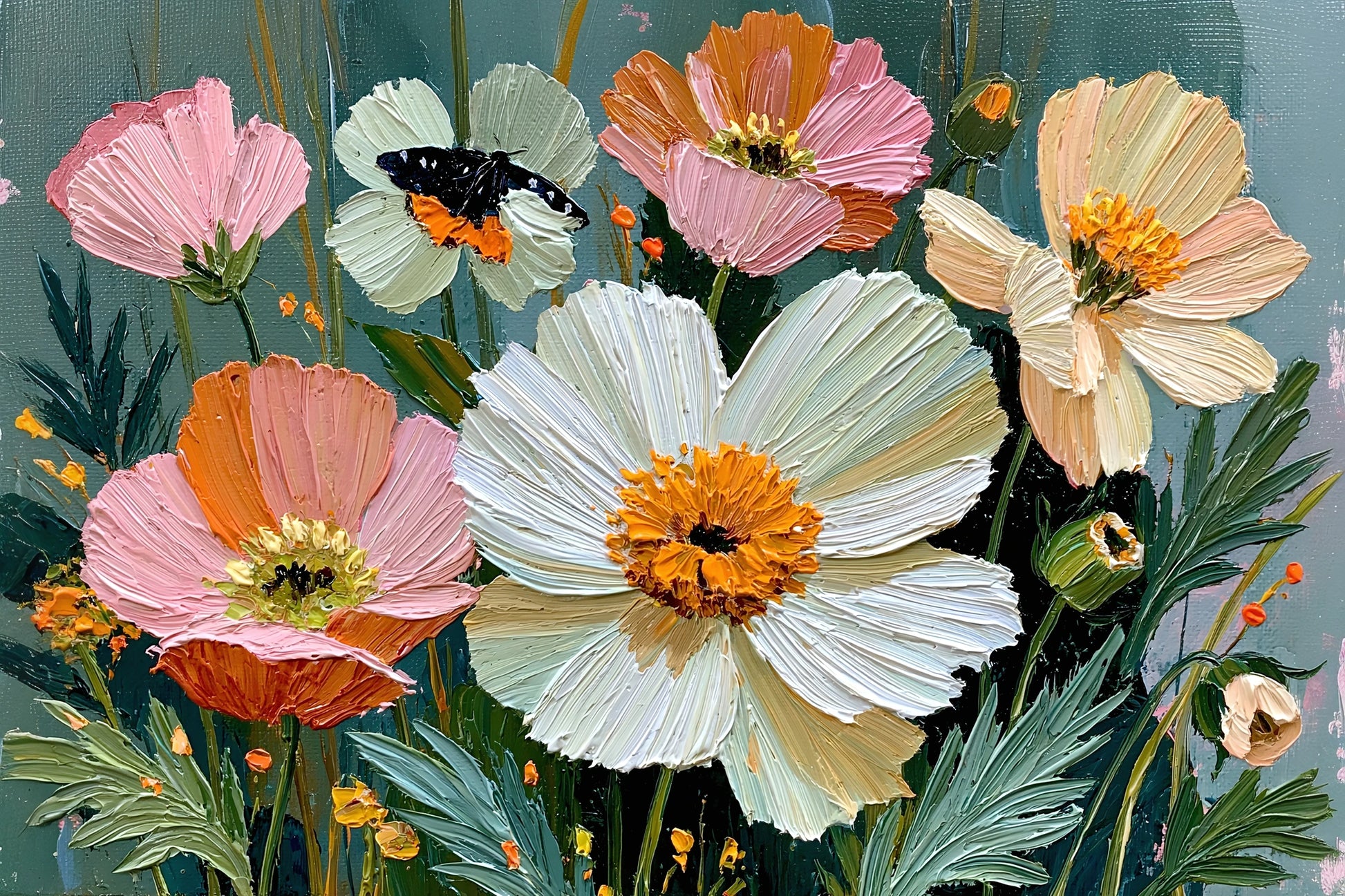Tableau fleurs modernes roses oranges et creme sur fond vert sombre - format S