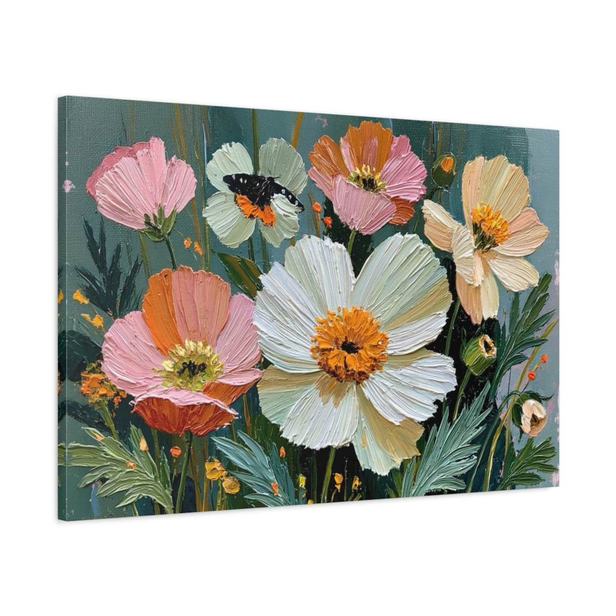 Tableau fleurs modernes roses oranges et creme sur fond vert sombre - toile 3D avec bords imprimés visibles