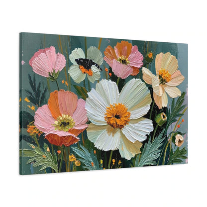 Tableau fleurs modernes roses oranges et creme sur fond vert sombre - toile 3D avec bords imprimés visibles