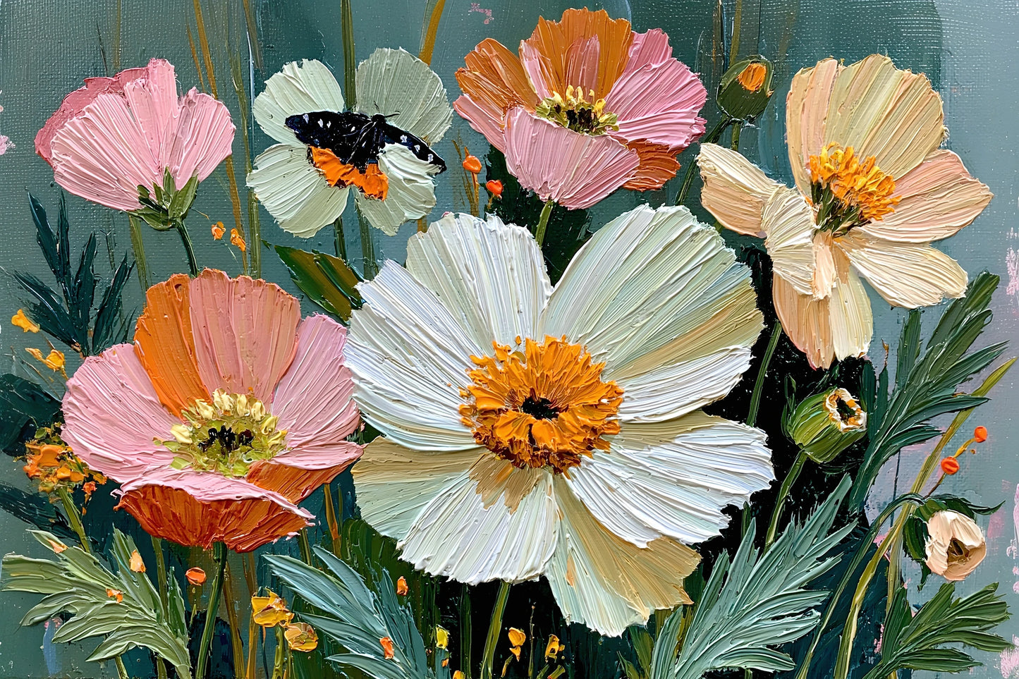 Tableau fleurs modernes roses oranges et creme sur fond vert sombre - grand format XXL
