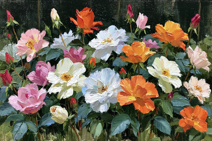 Tableau fleurs peinture huile blanc rose orange sur fond sombre - format S