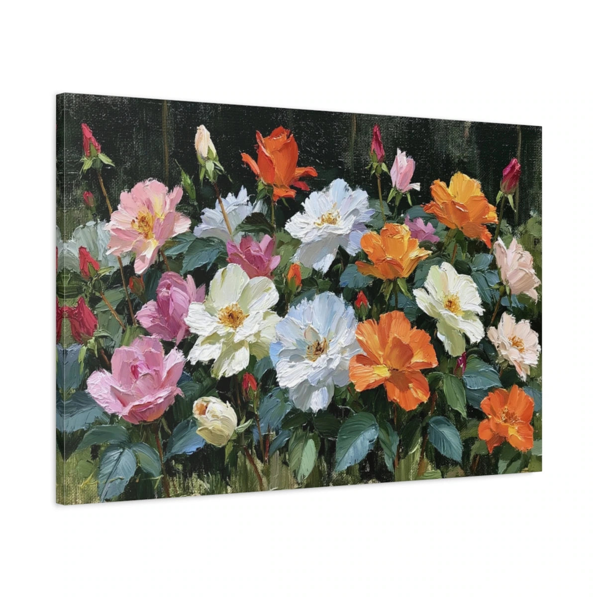 Tableau fleurs peinture huile blanc rose orange sur fond sombre - toile 3D avec bords imprimés visibles