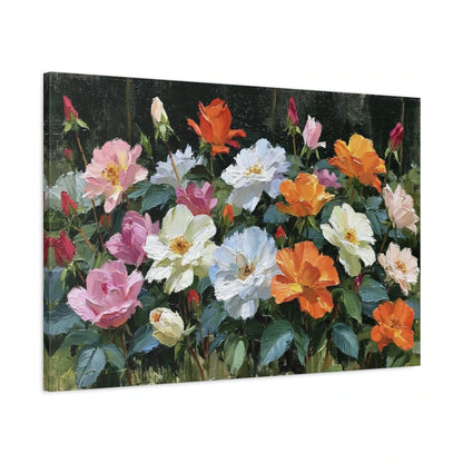 Tableau fleurs peinture huile blanc rose orange sur fond sombre - toile 3D avec bords imprimés visibles