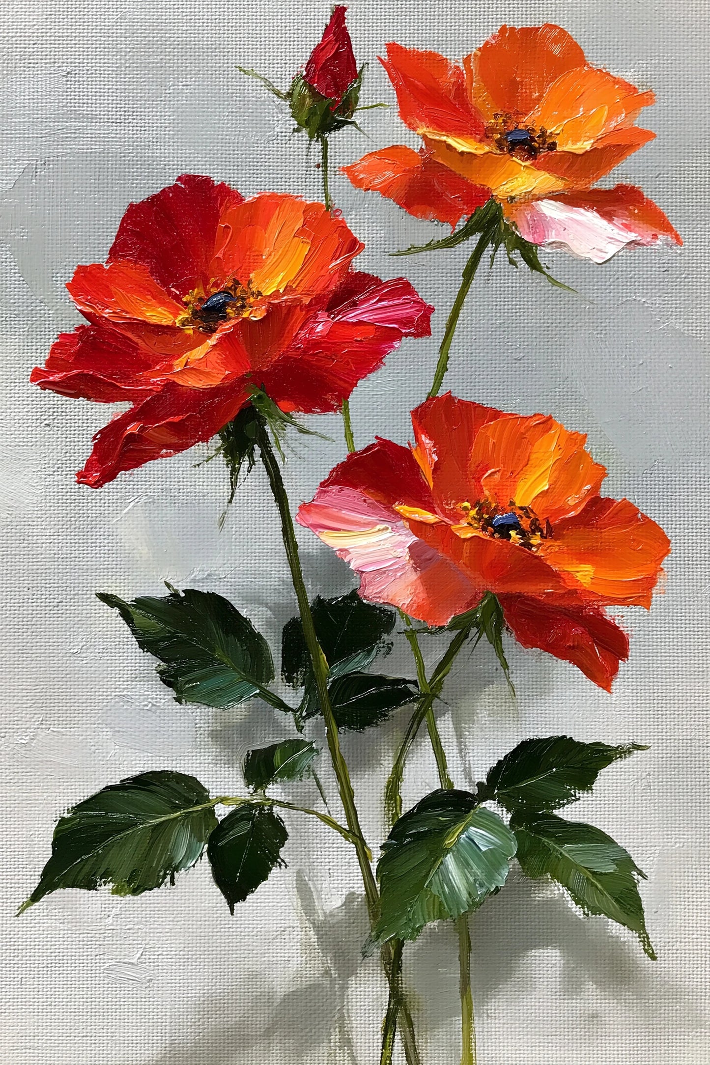 Tableau fleurs rouges peinture huile sur fond gris clair - format L
