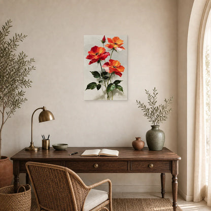Tableau Fleurs Rouges Peinture Huile - Tiges Écarlates dans un bureau - Art Virtuoso