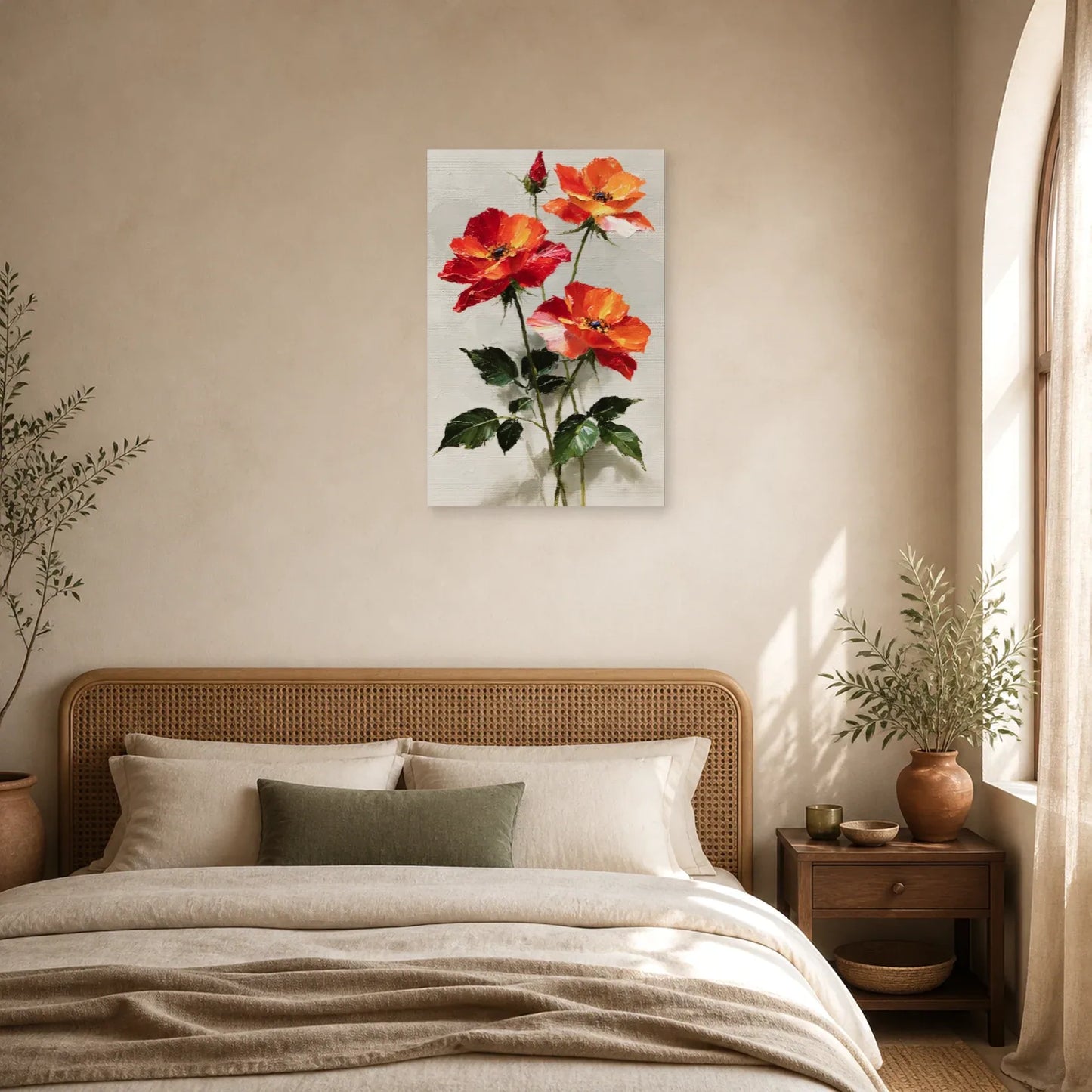 Tableau Fleurs Rouges Peinture Huile - Tiges Écarlates dans une chambre - Art Virtuoso