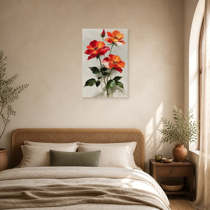 Tableau Fleurs Rouges Peinture Huile - Tiges Écarlates dans une chambre - Art Virtuoso