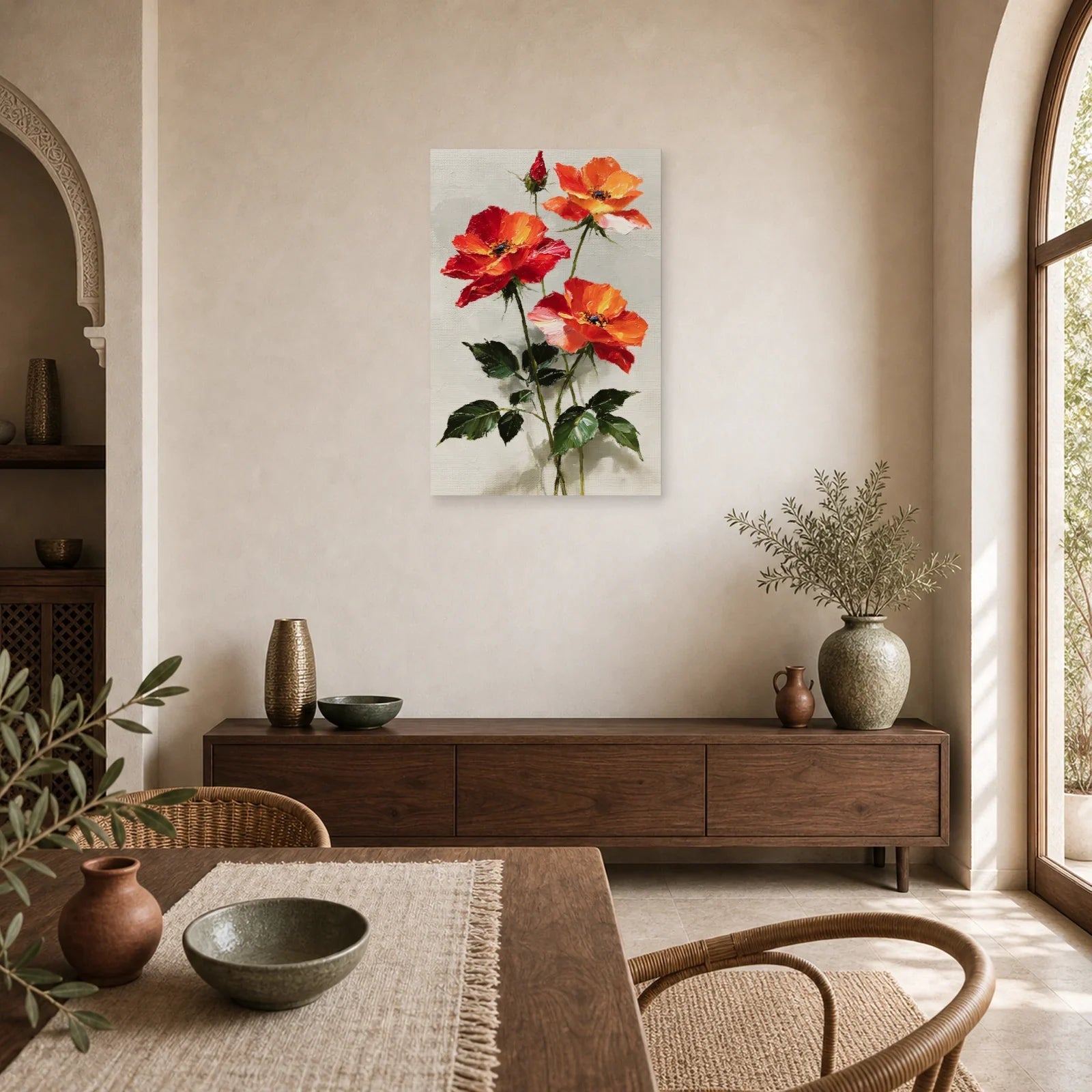 Tableau Fleurs Rouges Peinture Huile - Tiges Écarlates dans une cuisine - Art Virtuoso
