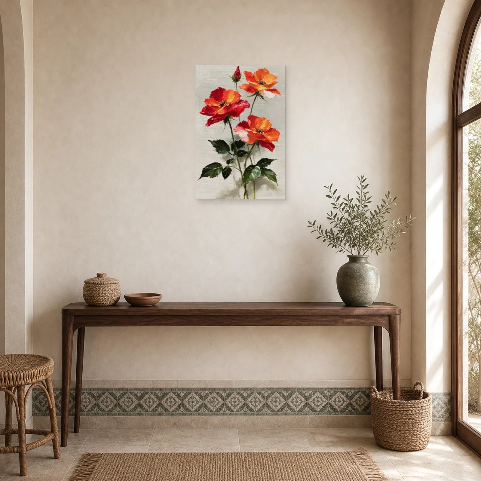 Tableau Fleurs Rouges Peinture Huile - Tiges Écarlates dans une entree ou un couloir - Art Virtuoso