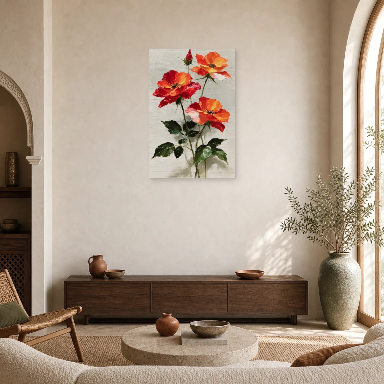 Tableau Fleurs Rouges Peinture Huile - Tiges Écarlates dans un salon - Art Virtuoso