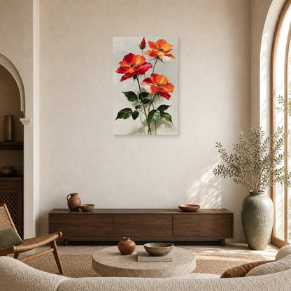 Tableau Fleurs Rouges Peinture Huile - Tiges Écarlates dans un salon - Art Virtuoso