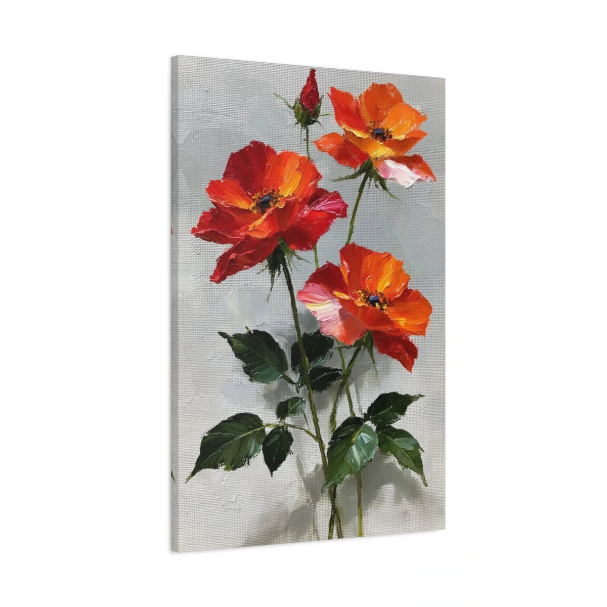 Tableau fleurs rouges peinture huile sur fond gris clair - toile 3D avec bords imprimés visibles