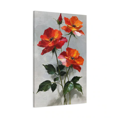 Tableau fleurs rouges peinture huile sur fond gris clair - toile 3D avec bords imprimés visibles