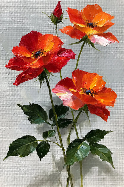Tableau fleurs rouges peinture huile sur fond gris clair - format XL