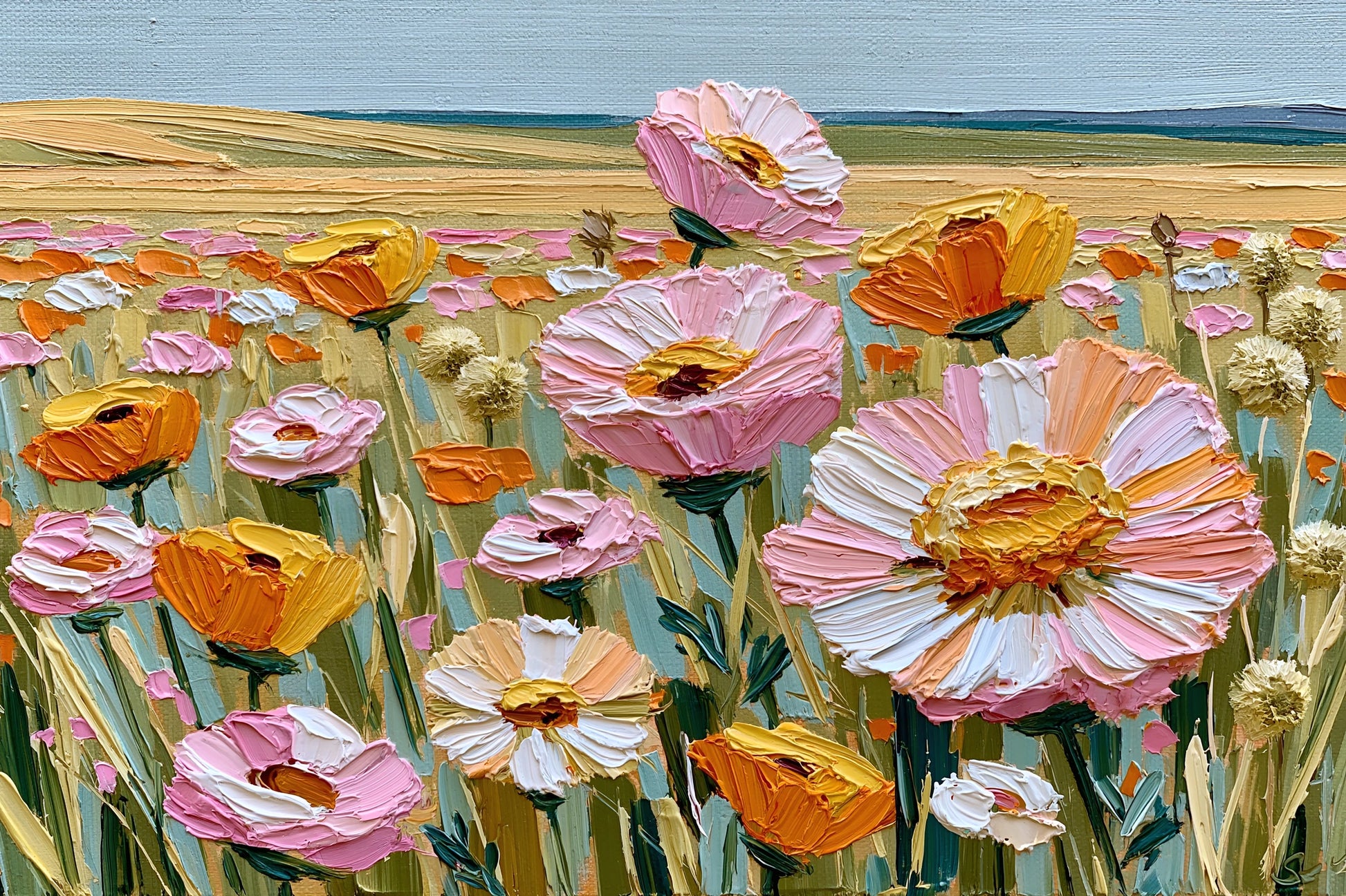 Tableau fleurs sauvages prairie rose orange horizon clair - format S