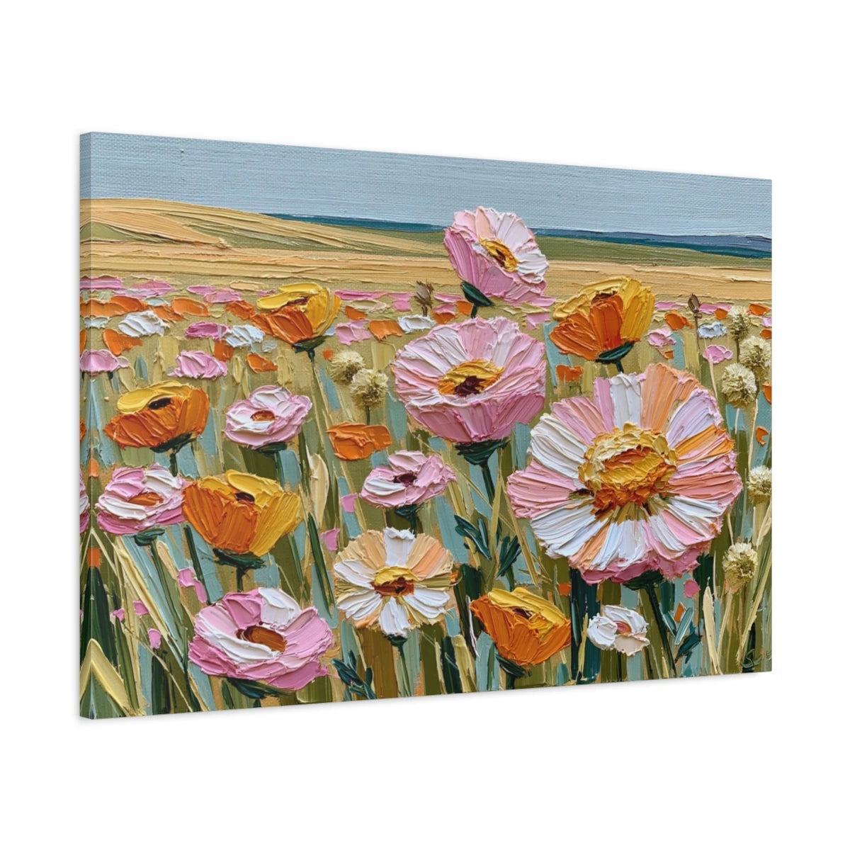 Tableau fleurs sauvages prairie rose orange horizon clair - toile 3D avec bords imprimés visibles