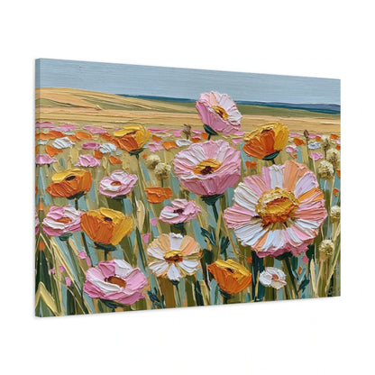 Tableau fleurs sauvages prairie rose orange horizon clair - toile 3D avec bords imprimés visibles