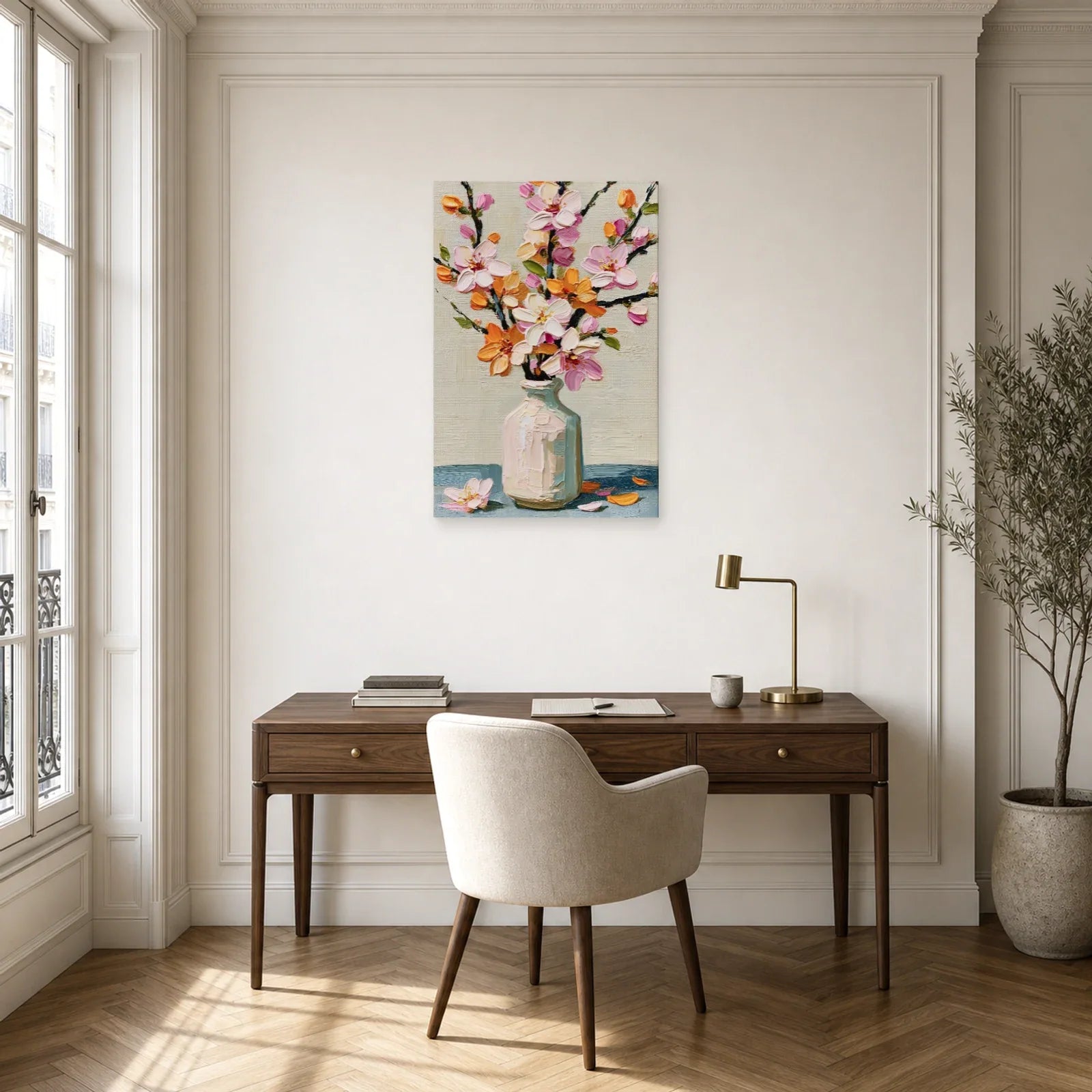 Tableau Fleurs Vase Clair Peinture - Branche de Printemps dans un bureau - Art Virtuoso