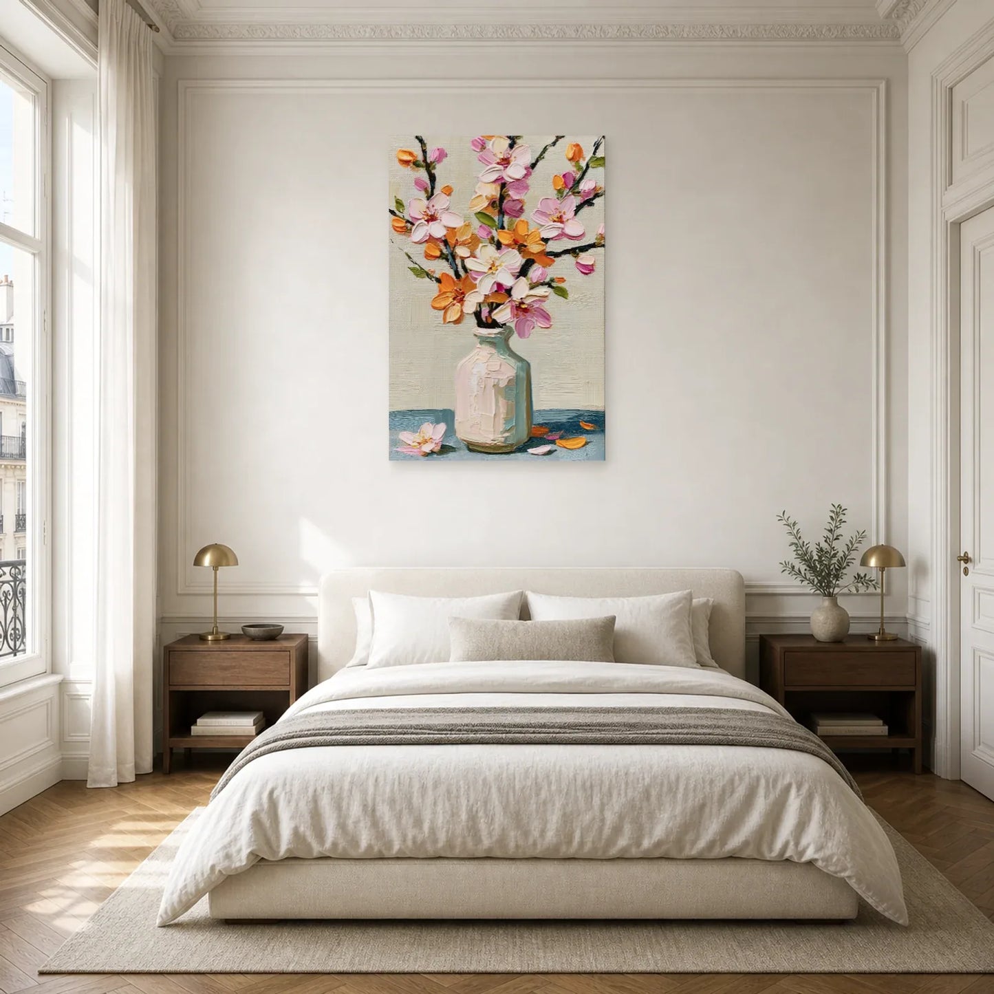 Tableau Fleurs Vase Clair Peinture - Branche de Printemps dans une chambre - Art Virtuoso