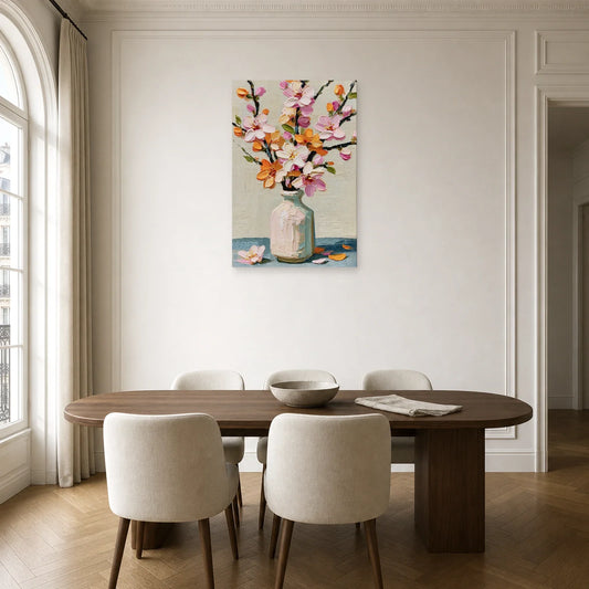 Tableau Fleurs Vase Clair Peinture - Branche de Printemps dans une cuisine - Art Virtuoso