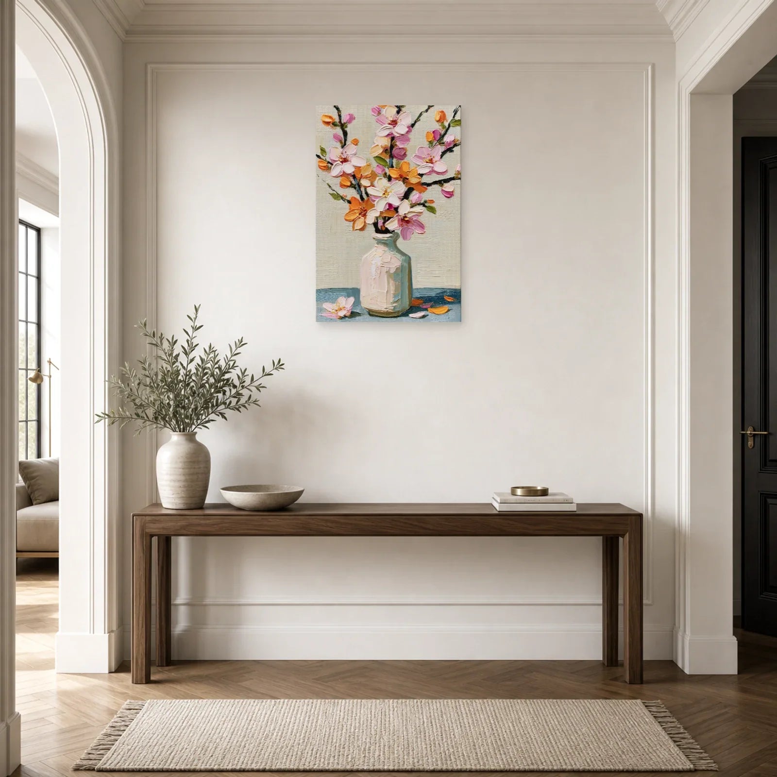Tableau Fleurs Vase Clair Peinture - Branche de Printemps dans une entree ou un couloir - Art Virtuoso