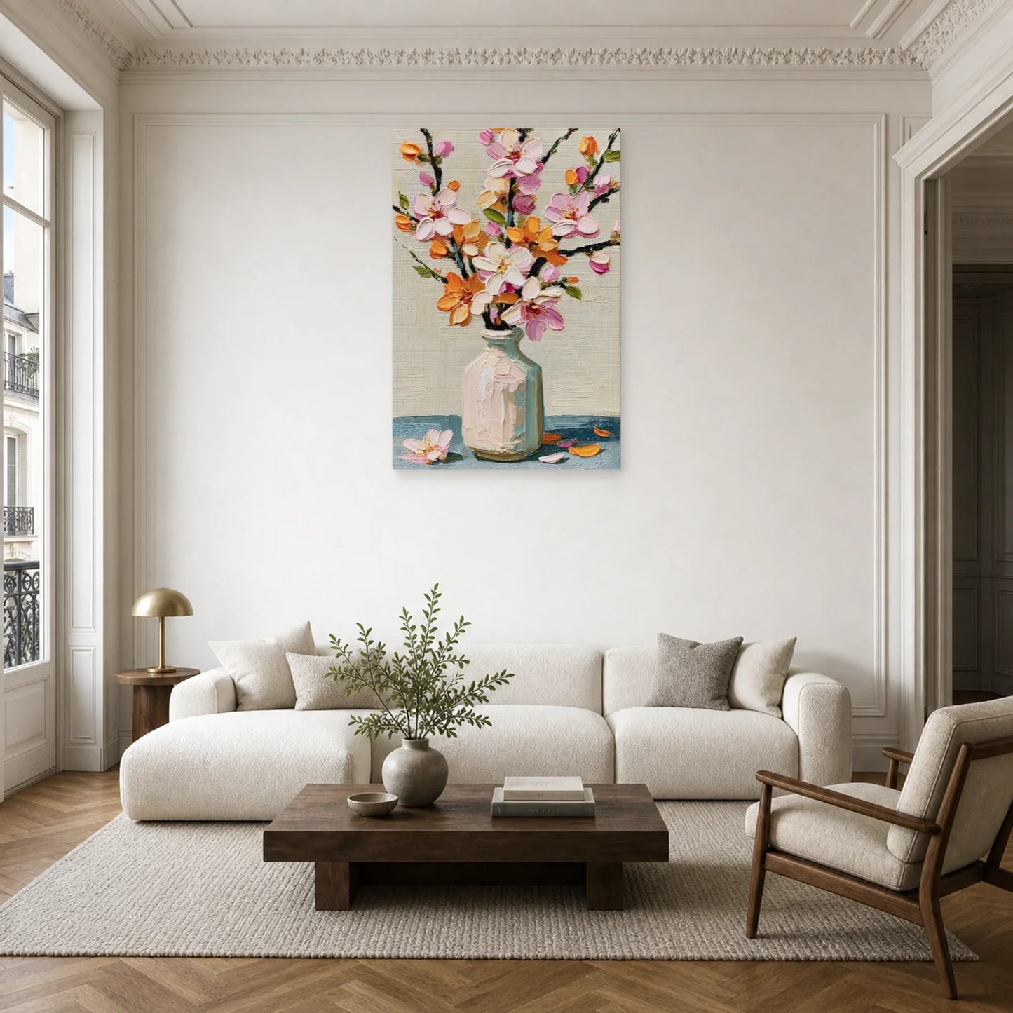 Tableau Fleurs Vase Clair Peinture - Branche de Printemps dans un salon - Art Virtuoso