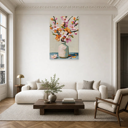 Tableau Fleurs Vase Clair Peinture - Branche de Printemps dans un salon - Art Virtuoso