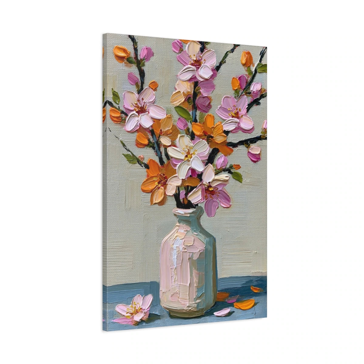 Tableau vase clair avec branches fleuries roses et orange - toile 3D avec bords imprimés visibles