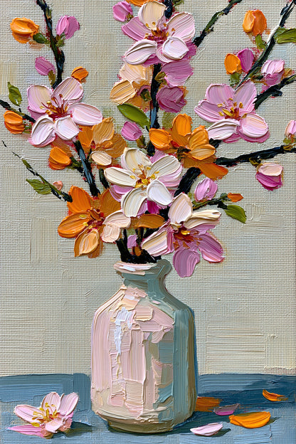 Tableau vase clair avec branches fleuries roses et orange - grand format XXL