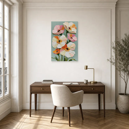 Tableau Floral Impasto Fond Clair - Petales en Relief dans un bureau - Art Virtuoso