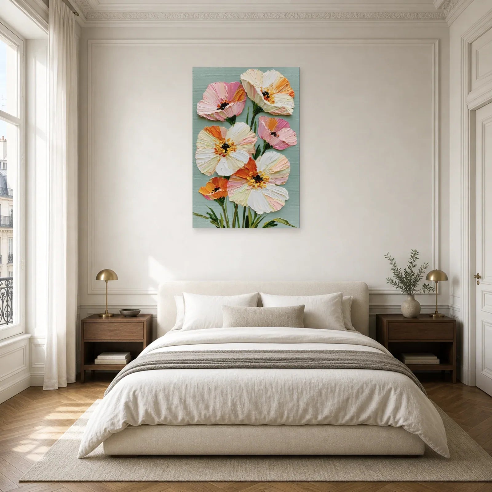 Tableau Floral Impasto Fond Clair - Petales en Relief dans une chambre - Art Virtuoso