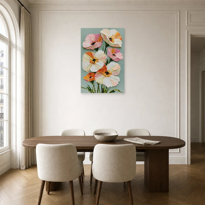 Tableau Floral Impasto Fond Clair - Petales en Relief dans une cuisine - Art Virtuoso