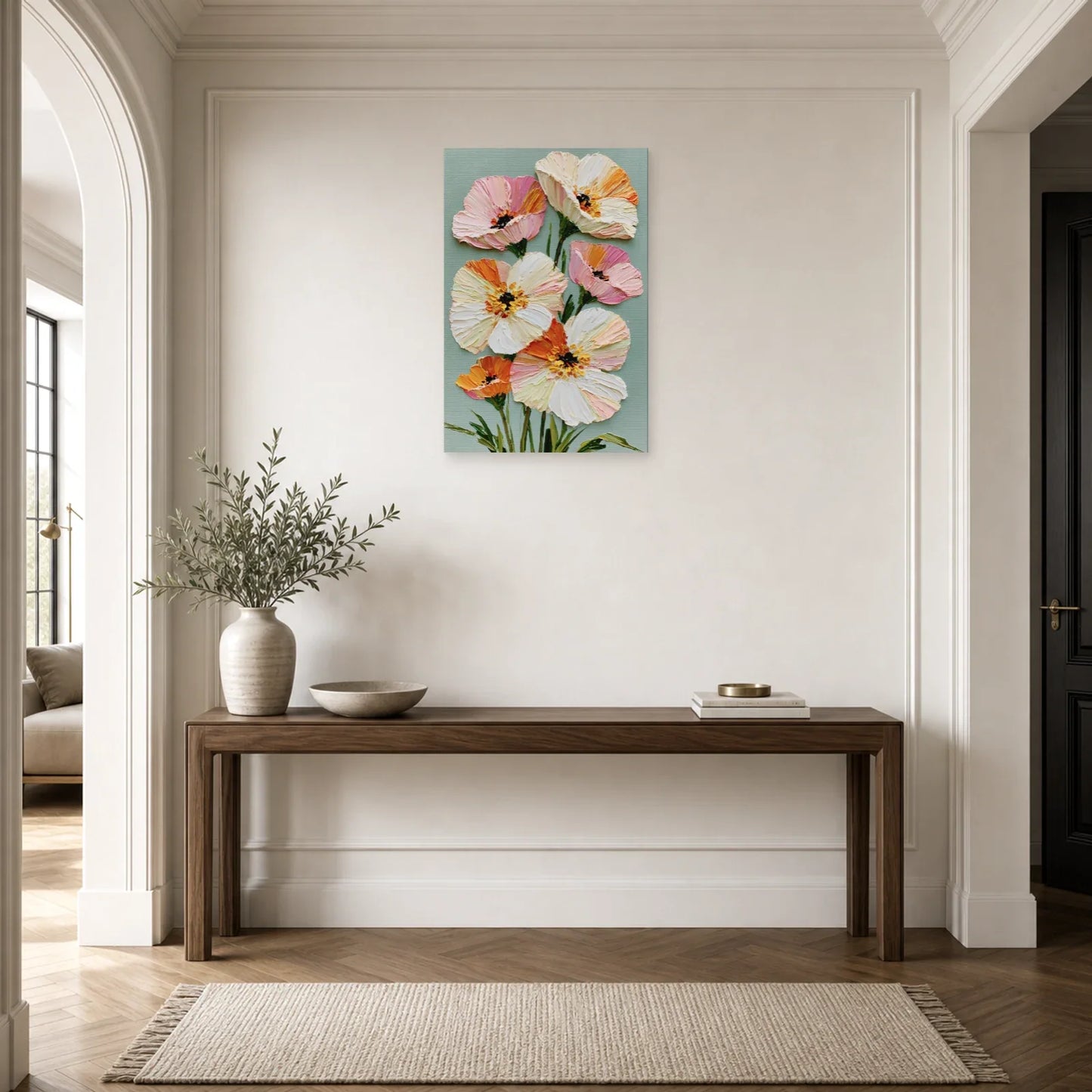 Tableau Floral Impasto Fond Clair - Petales en Relief dans une entree ou un couloir - Art Virtuoso