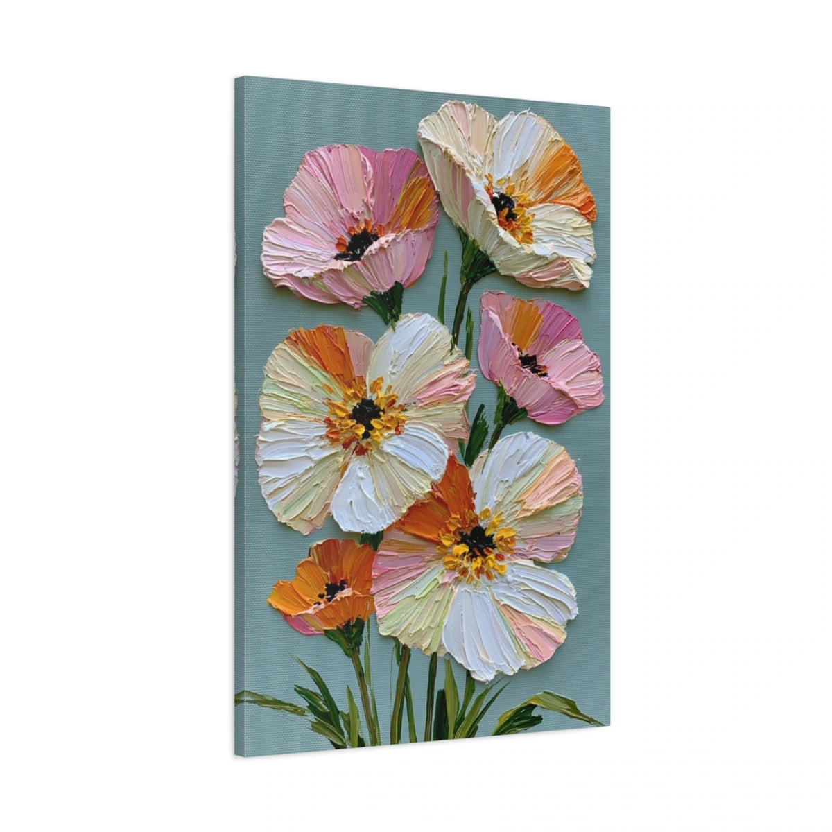 Tableau floral impasto fond clair grandes fleurs roses orange - toile 3D avec bords imprimés visibles