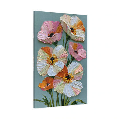 Tableau floral impasto fond clair grandes fleurs roses orange - toile 3D avec bords imprimés visibles