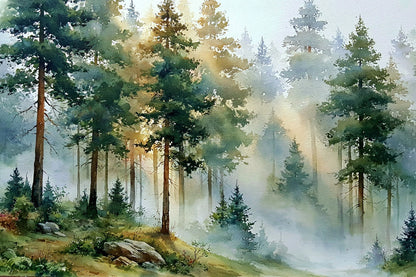 Tableau forêt brumeuse peinture avec pins et lumière douce - format L