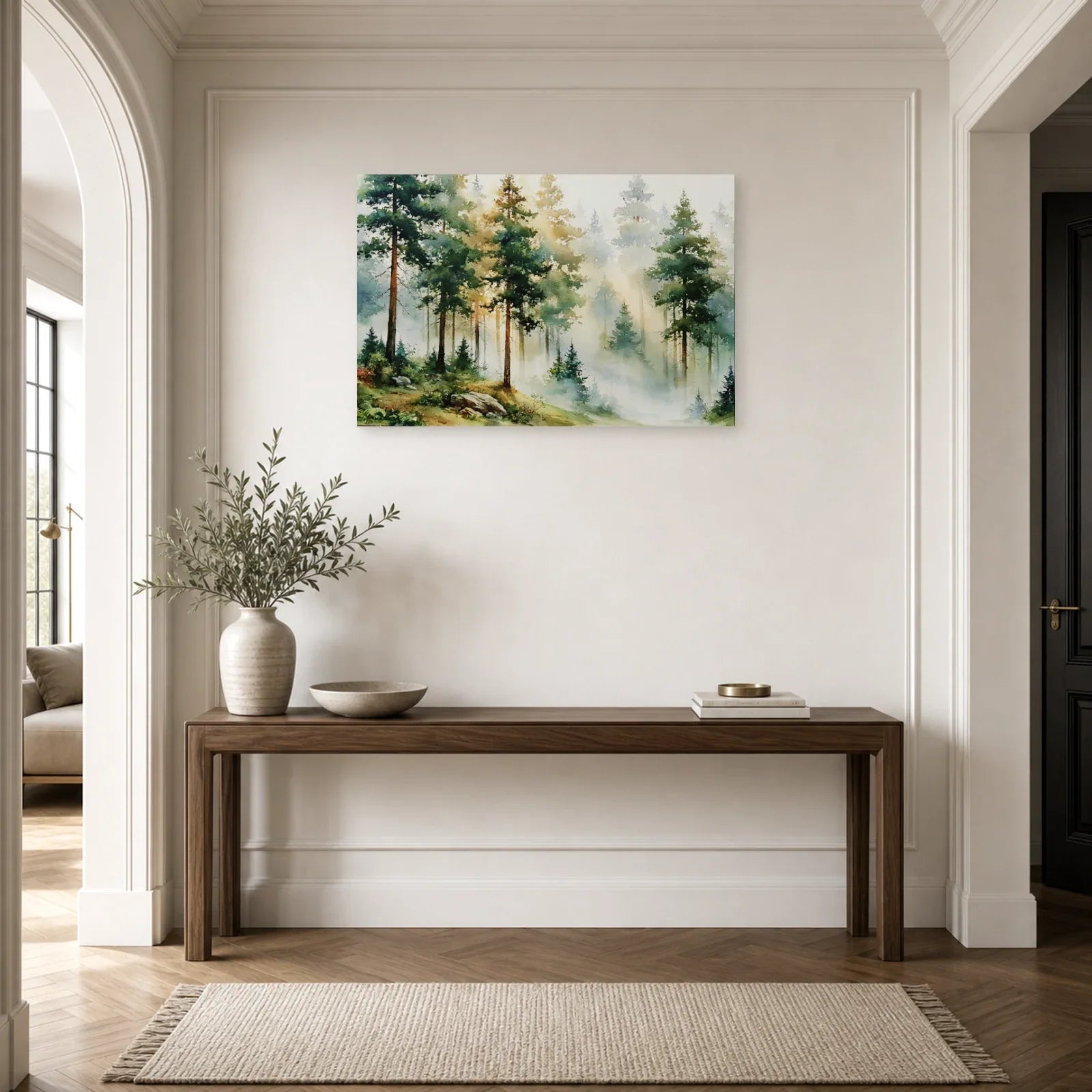 Tableau Forêt Brume Peinture - Matin Silencieux dans une entree ou un couloir - Art Virtuoso