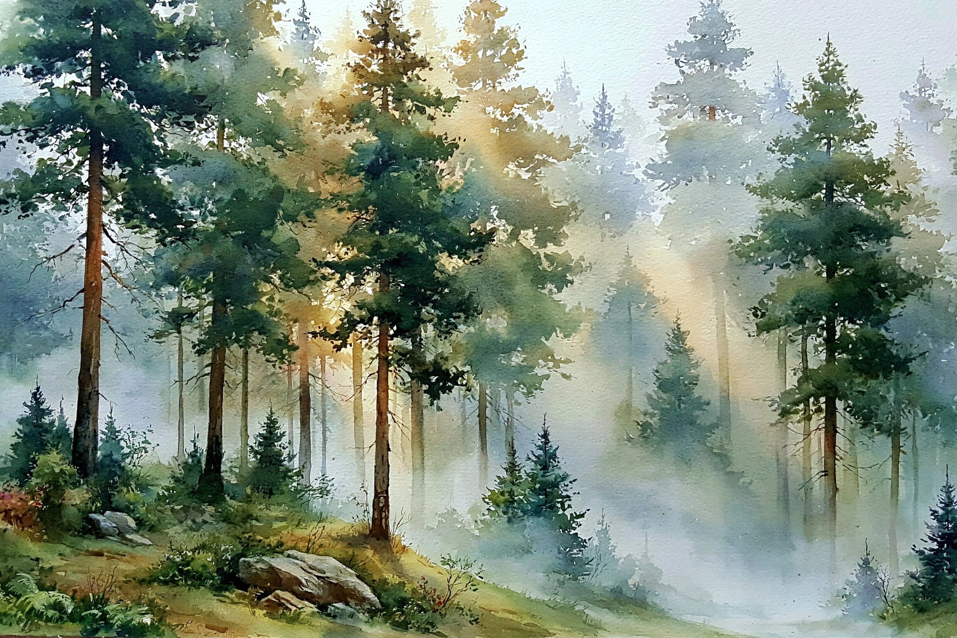 Tableau forêt brumeuse peinture avec pins et lumière douce - format S