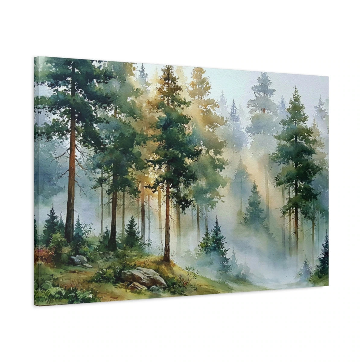 Tableau forêt brumeuse peinture avec pins et lumière douce - toile 3D avec bords imprimés visibles
