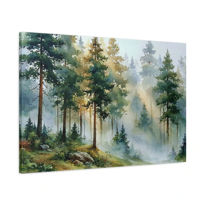Tableau forêt brumeuse peinture avec pins et lumière douce - toile 3D avec bords imprimés visibles