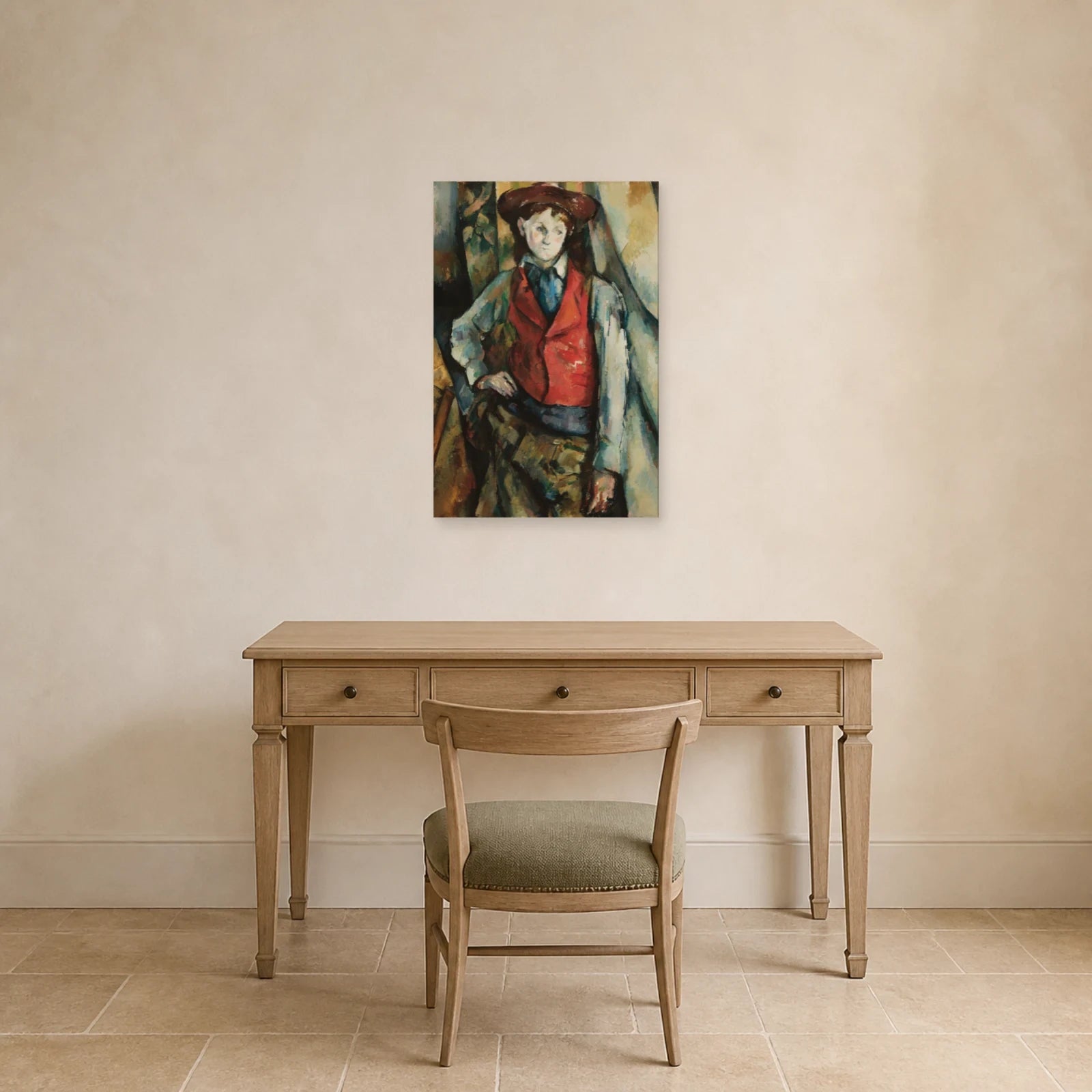 Tableau Garçon au gilet rouge – Paul Cézanne dans un bureau - Art Virtuoso