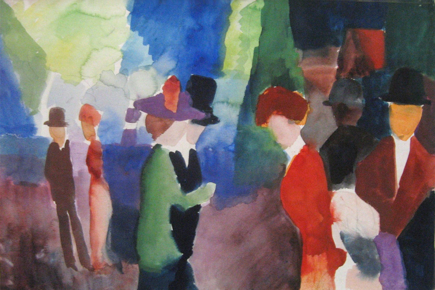 Passants en bleu, vert et rouge sur une promenade – format M