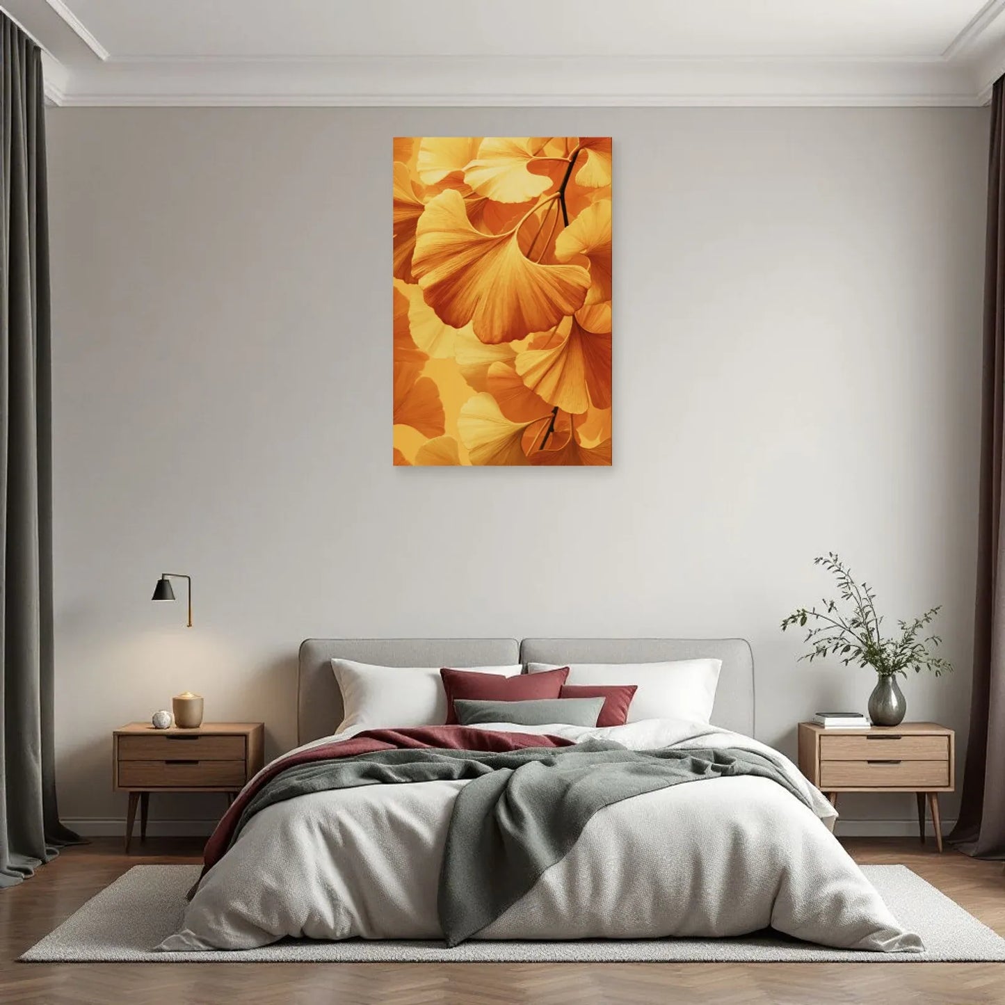 Toile verticale aux feuilles de ginkgo ambrées exposée en chambre par Art Virtuoso