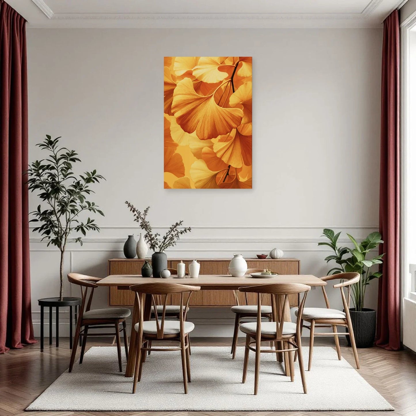 Tableau botanique jaune aux éventails de ginkgo installé en cuisine par Art Virtuoso